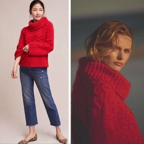 Anthropologie sleeping on snow red Torridon chunky cable eyelash knit sweater S - Picture 3 of 12